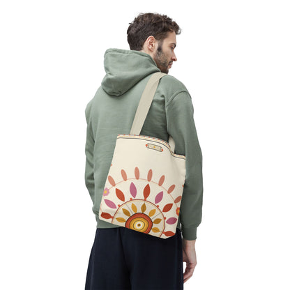 Boho floral mandala tote bag with pastel sunburst pattern, featuring vibrant colors and spacious design for everyday use.