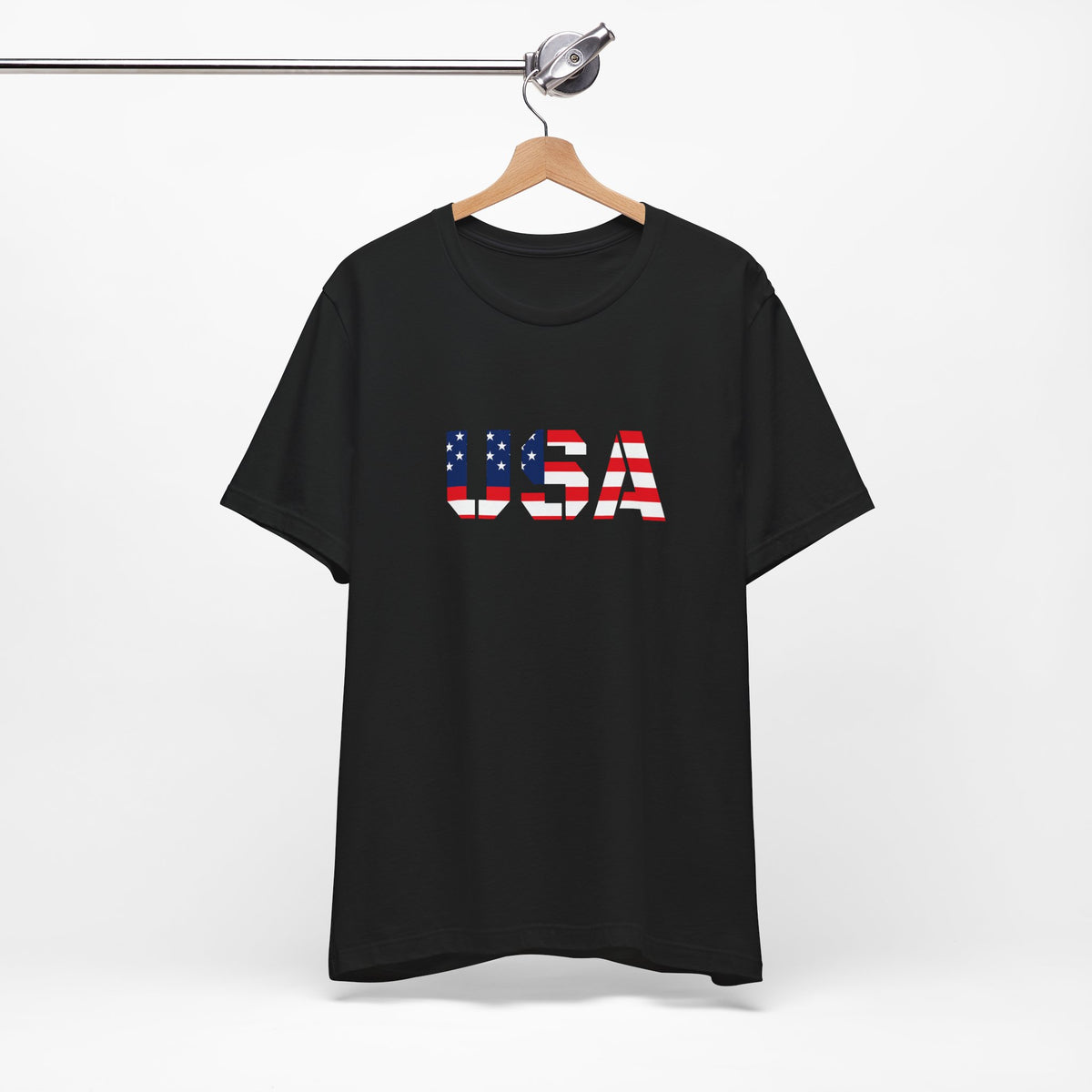 USA Flag Text T-Shirt by Printify featuring patriotic design for Fourth of July celebrations.