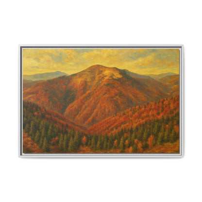Autumn mountain landscape canvas wall art by Printify featuring a matte framed print of a scenic mountain scene.