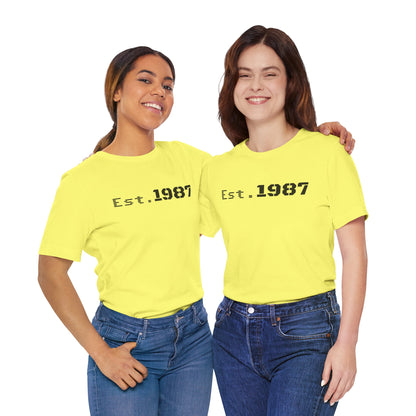 Vintage Est. 1987 T-Shirt by Printify featuring classic born in 1987 design on soft cotton fabric.