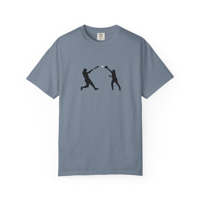Minimal baseball players silhouette graphic T-shirt by Printify, featuring a stylish baseball-themed design on a casual tee.