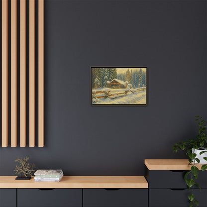 Snowy cabin winter landscape canvas wall art, framed matte print by Printify depicting a cozy winter scene
