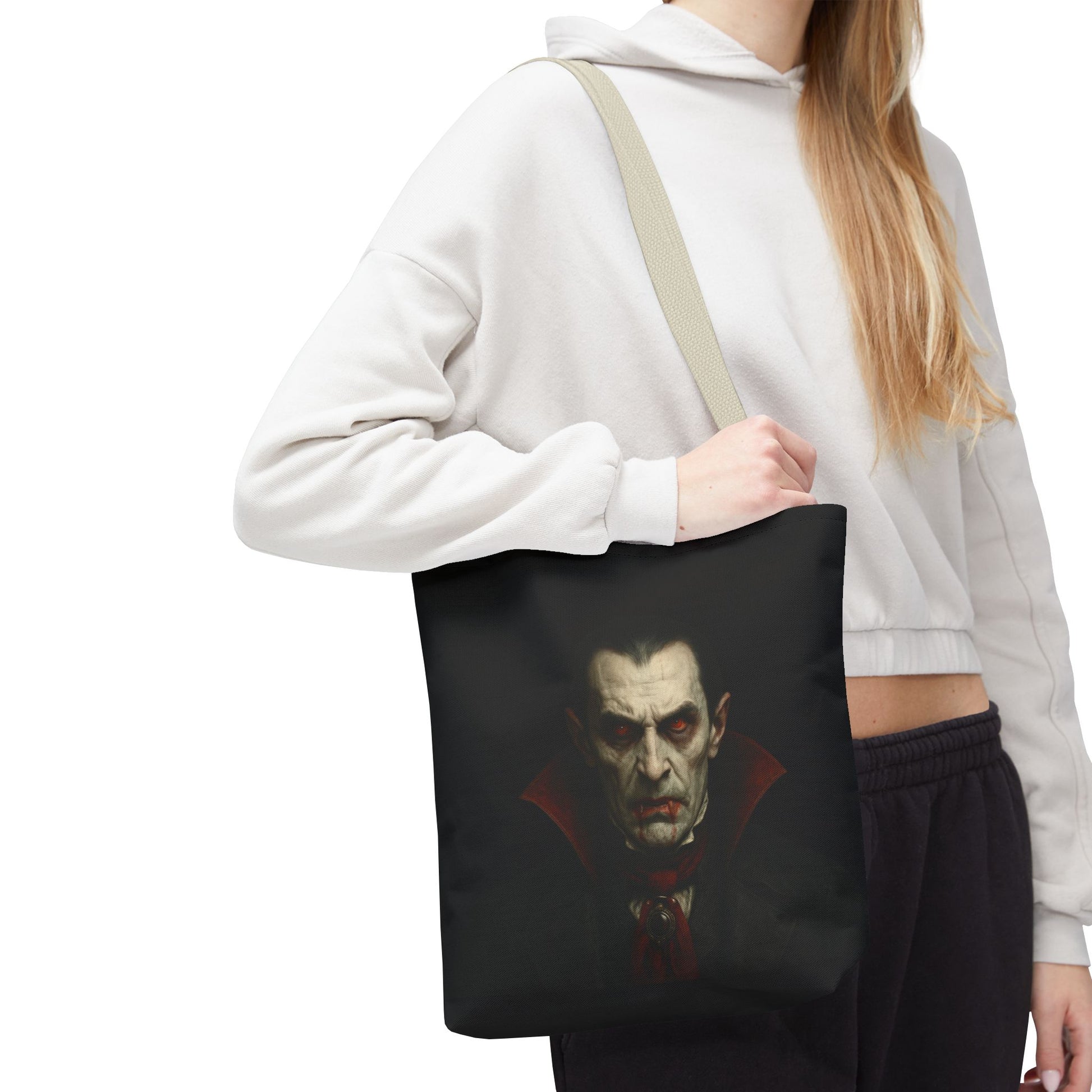 Black Vampire Tote Bag with Gothic Halloween design, featuring spooky vampire imagery and Printify branding on the bag.