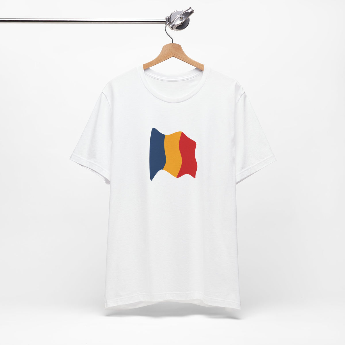 Romania flag T-shirt by Printify featuring a minimal waving tricolor design on a casual T-shirt.