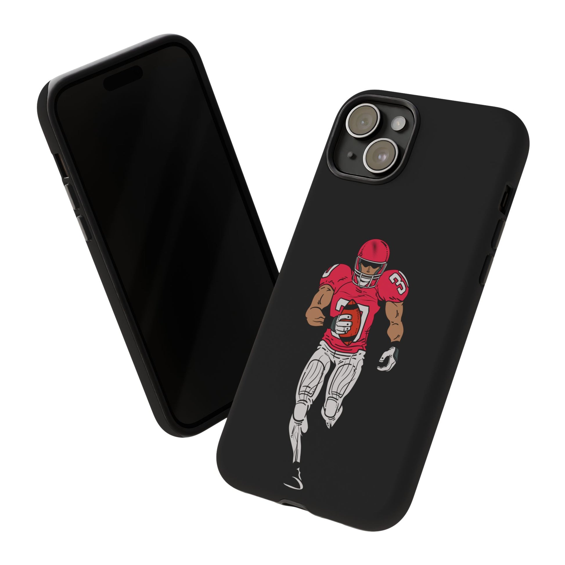 Black football player tough phone case for iPhone, protective sports design by Printify, featuring an athletic football player graphic.