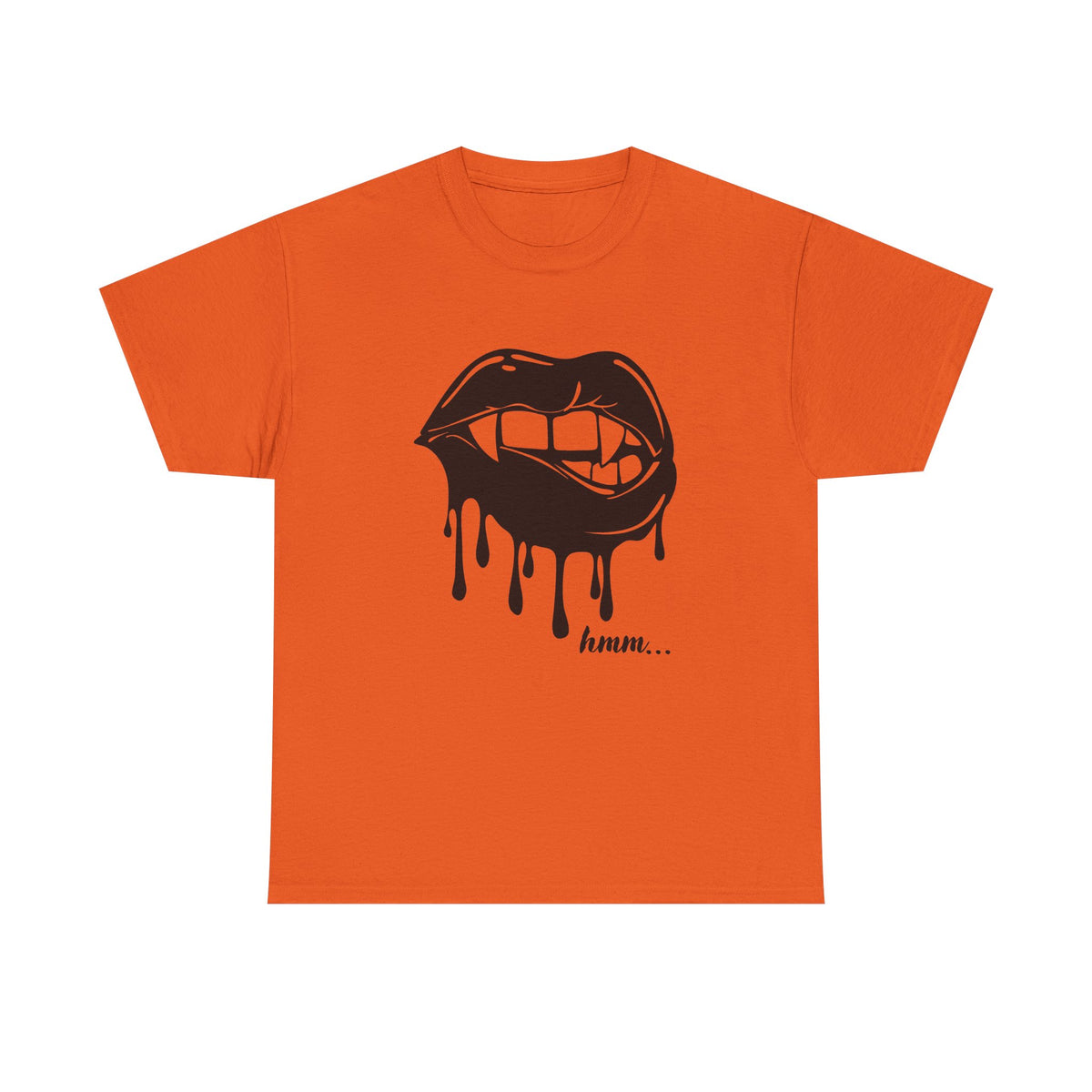 Black graphic T-shirt by Printify featuring a dripping lips design with a "hmm..." bite mark illustration.