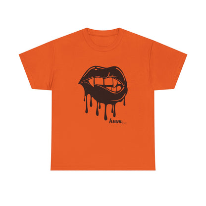 Black graphic T-shirt by Printify featuring a dripping lips design with a "hmm..." bite mark illustration.