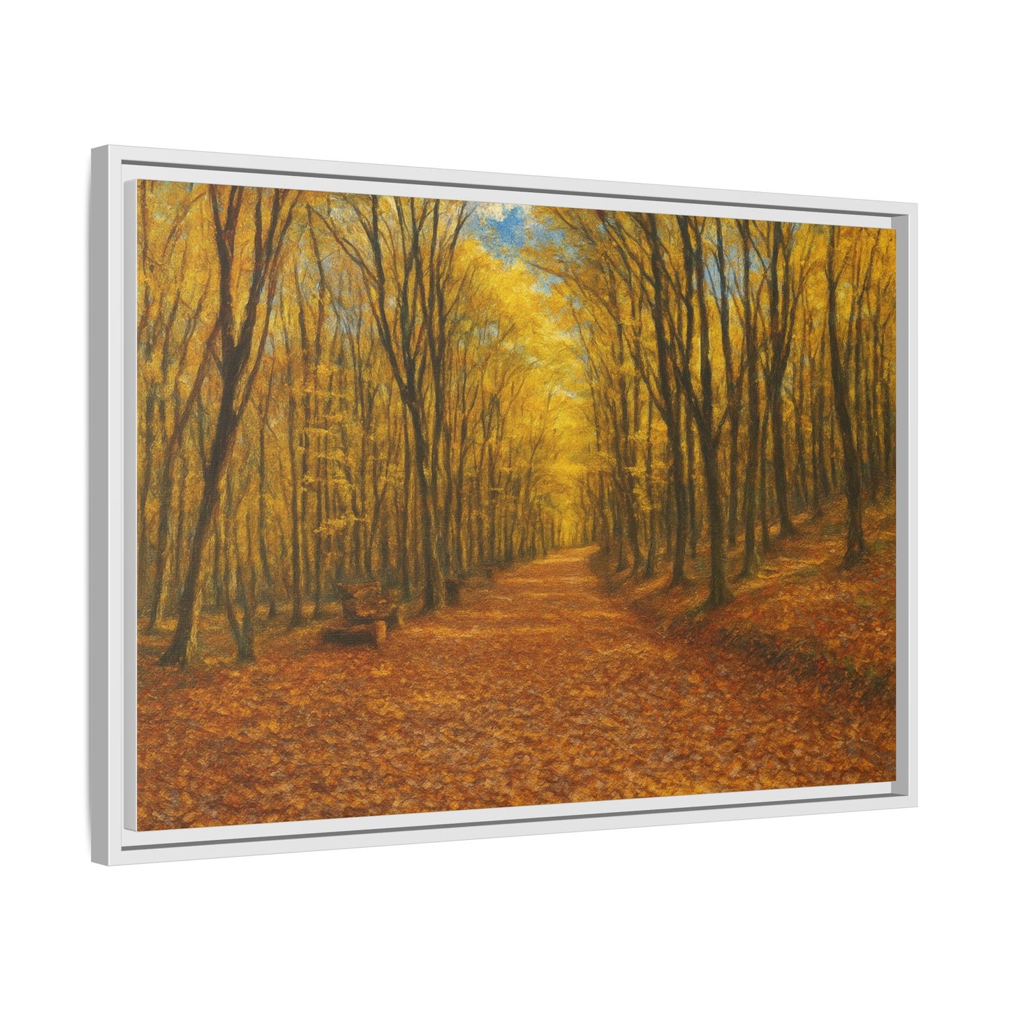 Autumn forest path matte canvas wall art by Printify featuring a scenic forest scene with vibrant fall foliage and a peaceful trail.
