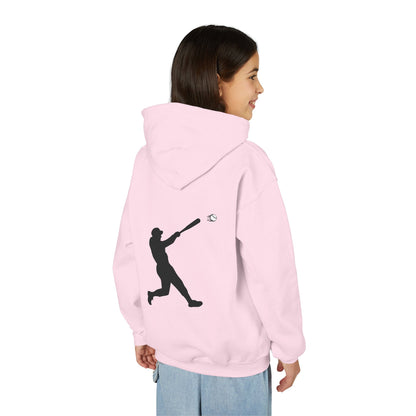 Kids youth baseball silhouette hoodie by Printify, featuring a sporty baseball player design on a comfortable pullover sweatshirt.