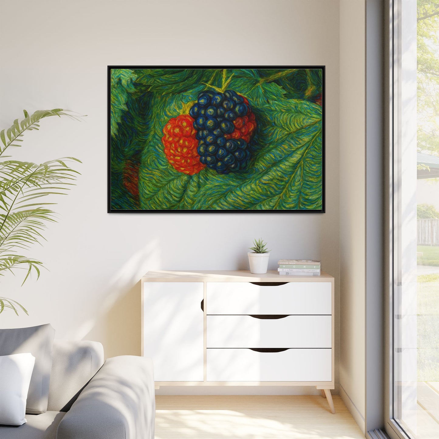Blackberry still life framed canvas print by Printify, featuring a detailed botanical artwork on a sturdy canvas frame.