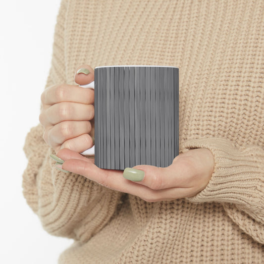 Gray ceramic mug with vertical stripe design, modern minimalist style, 11oz or 15oz size, ideal for coffee or tea.