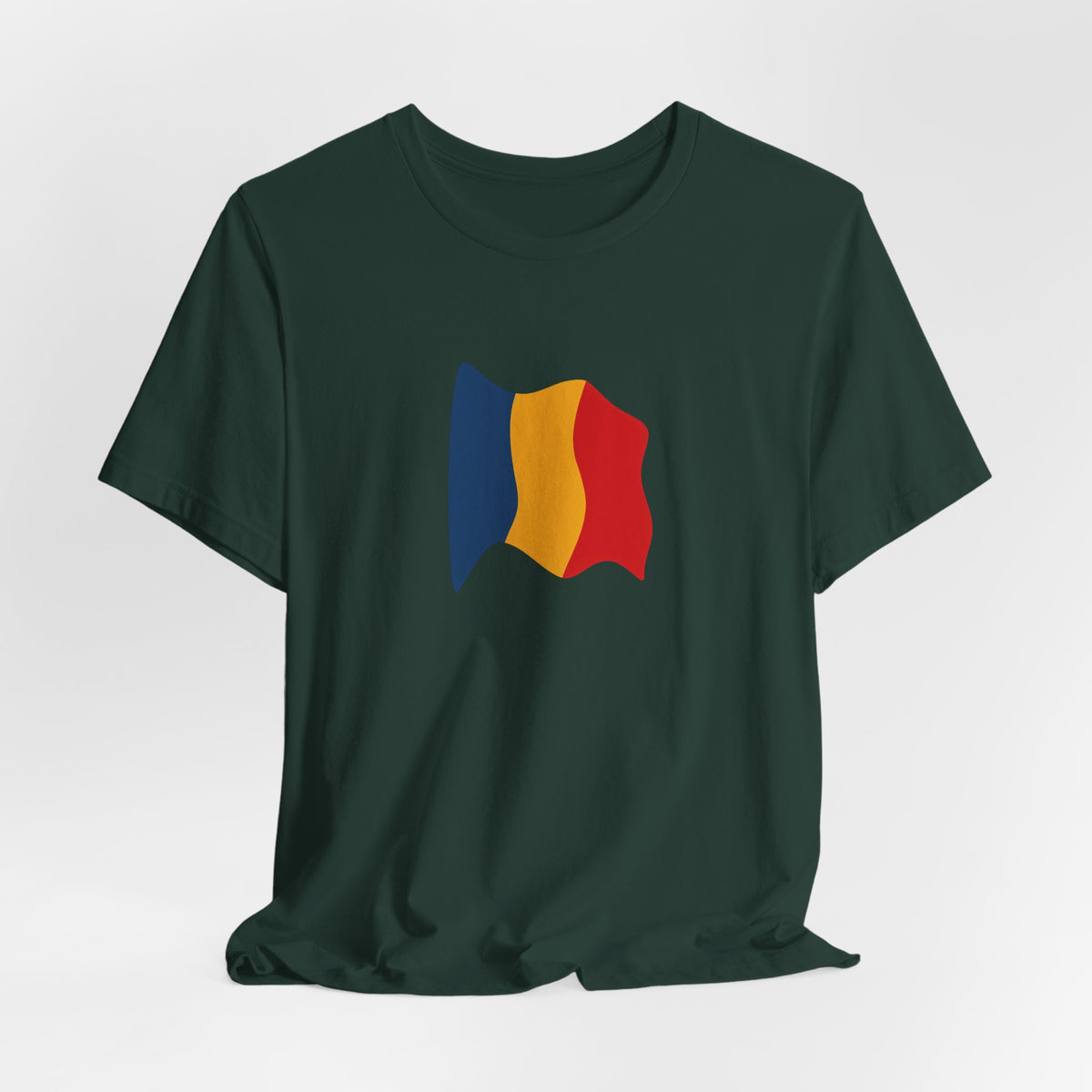 Romania flag T-shirt by Printify featuring a minimal waving tricolor design on a casual cotton tee.