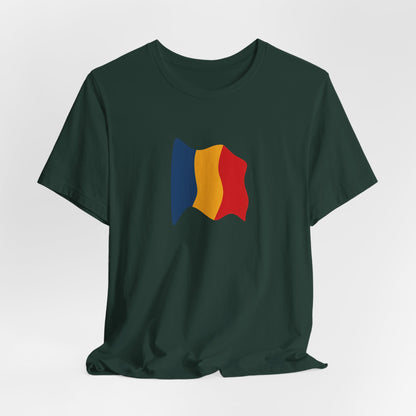 Romania flag T-shirt by Printify featuring a minimal waving tricolor design on a casual cotton tee.
