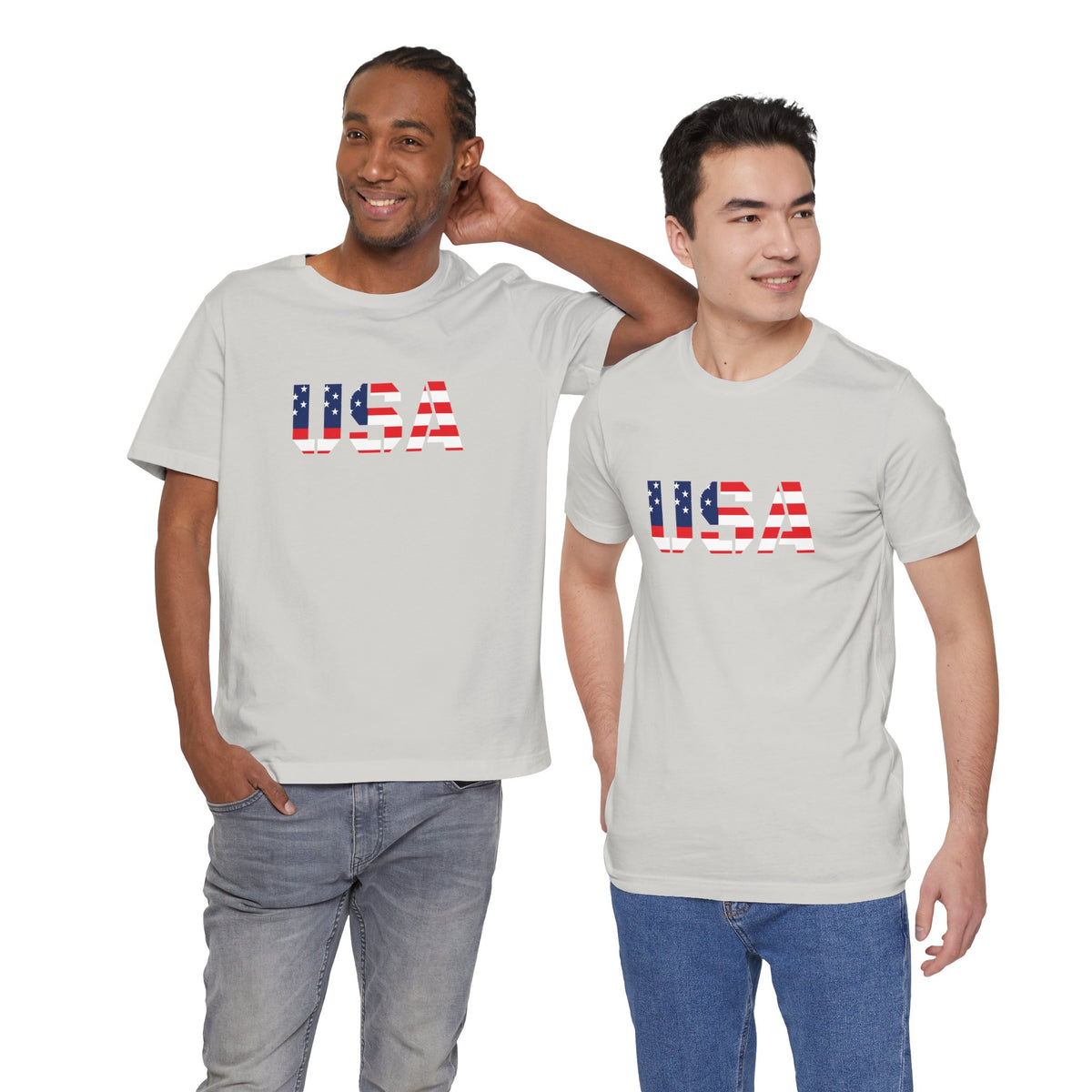 Red, white, and blue USA flag graphic T-shirt from Printify, patriotic Fourth of July text tee for men and women.