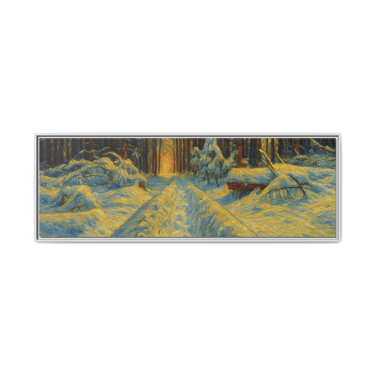 Framed matte canvas print of a snowy forest path at sunset, wall art by Printify featuring winter landscape scene.