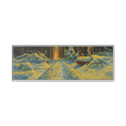 Framed matte canvas print of a snowy forest path at sunset, wall art by Printify featuring winter landscape scene.