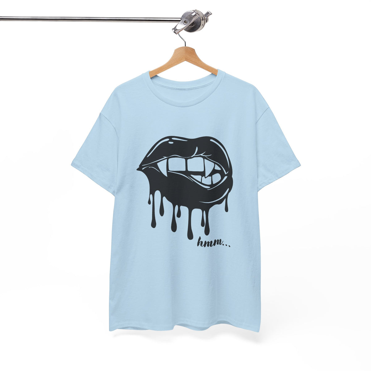 Black graphic T-shirt by Printify featuring dripping lips with 'hmm...' bite design on the front.