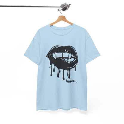 Black graphic T-shirt by Printify featuring dripping lips with 'hmm...' bite design on the front.