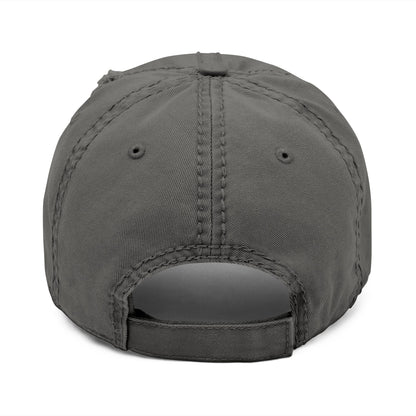 Distressed embroidered dad hat with Romanian flag patch, casual men's hat in beige with stitched embroidery detail.