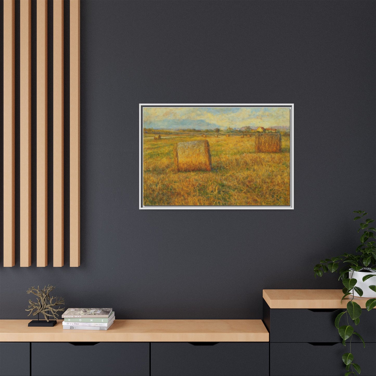Framed matte canvas wall art featuring a rustic hayfield landscape print, ideal for country or farmhouse decor.