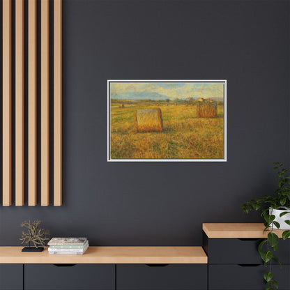 Framed matte canvas wall art featuring a rustic hayfield landscape print, ideal for country or farmhouse decor.