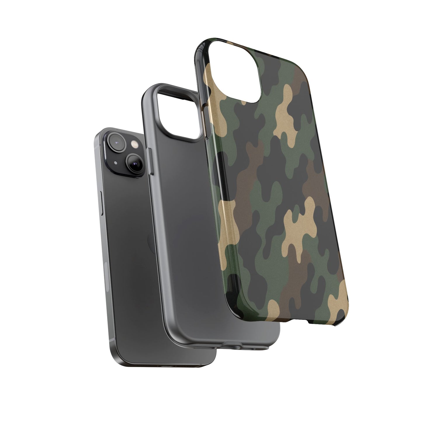 Camouflage tough phone case by Printify showing a rugged, protective camo design on a smartphone.