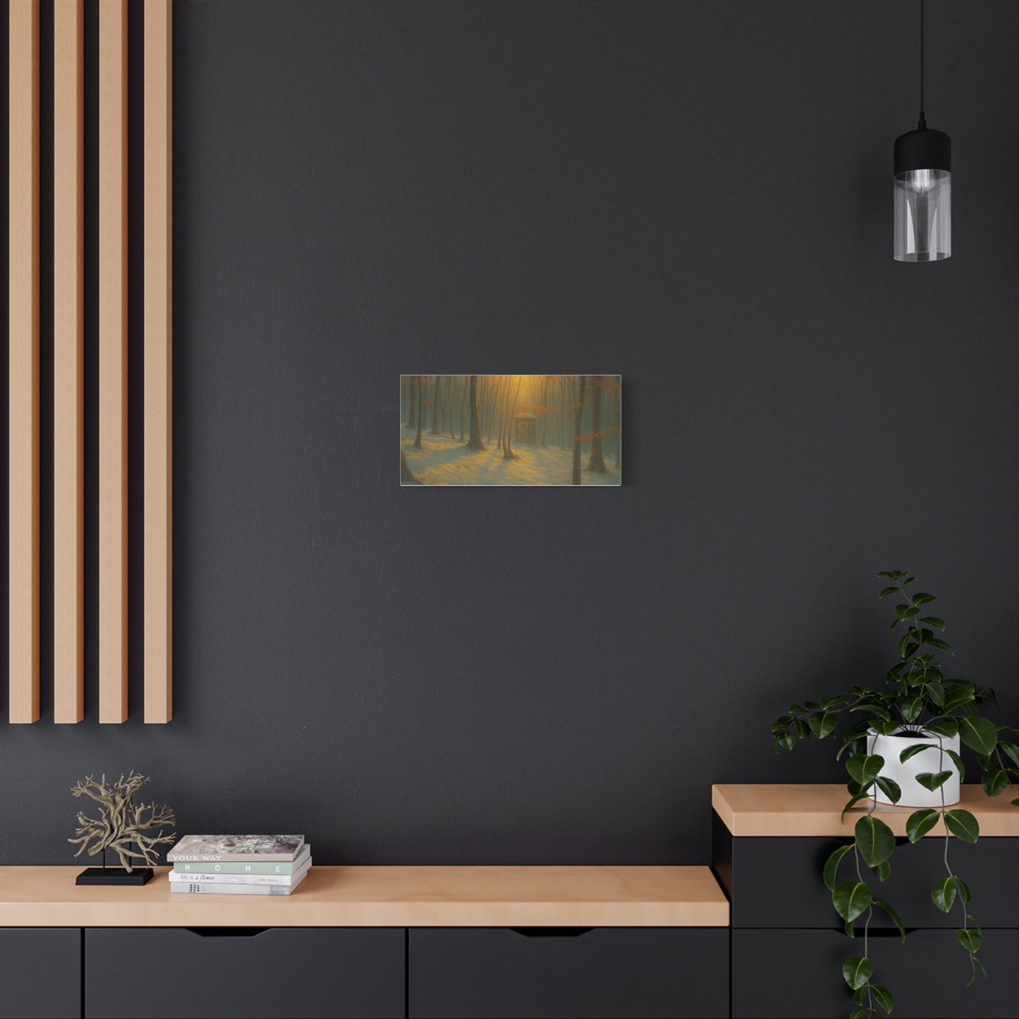 Matte stretched canvas print featuring a misty forest sunrise, vibrant landscape artwork by Printify.