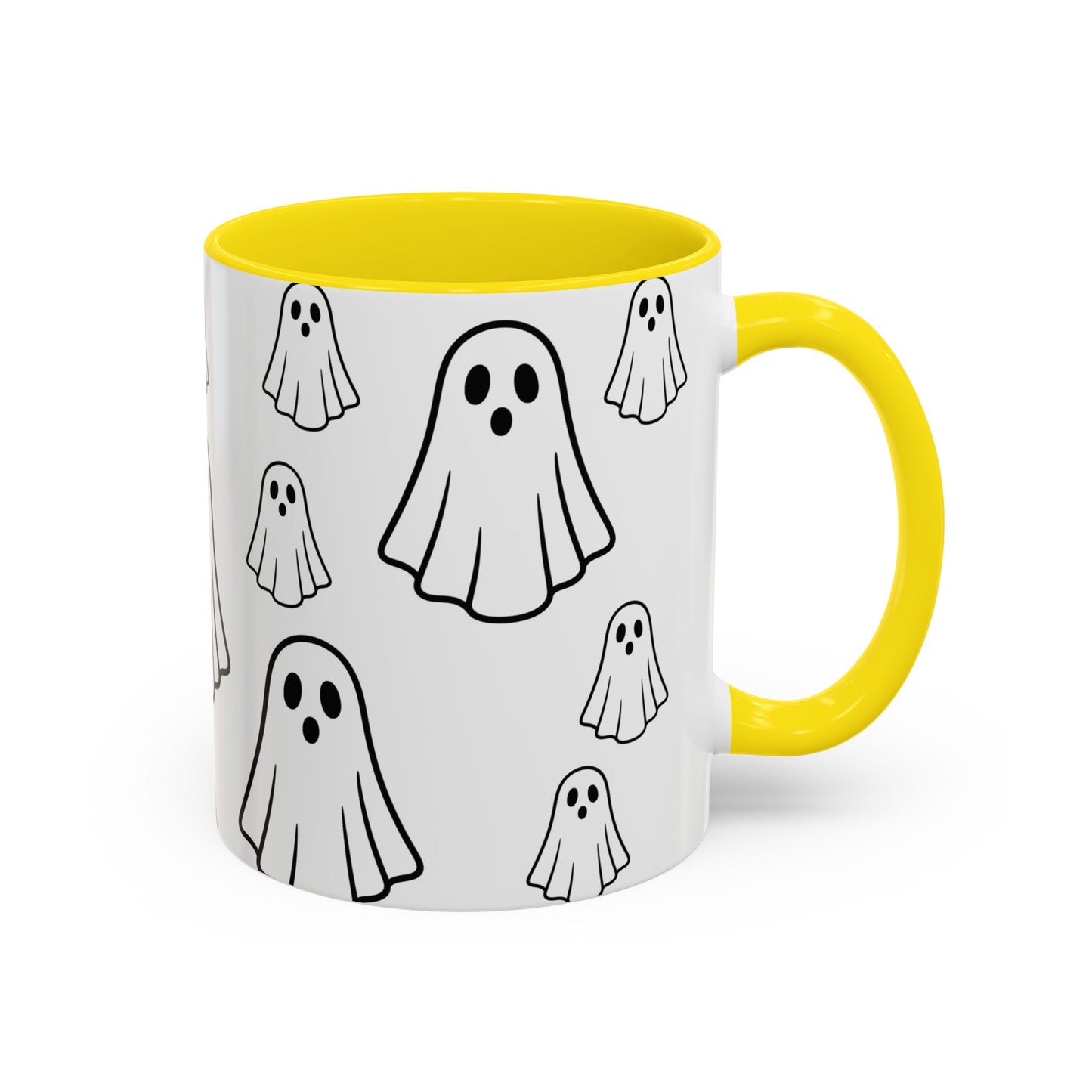Printify ghost pattern accent coffee mug with cute Halloween design, 11oz ceramic mug perfect for seasonal beverages.