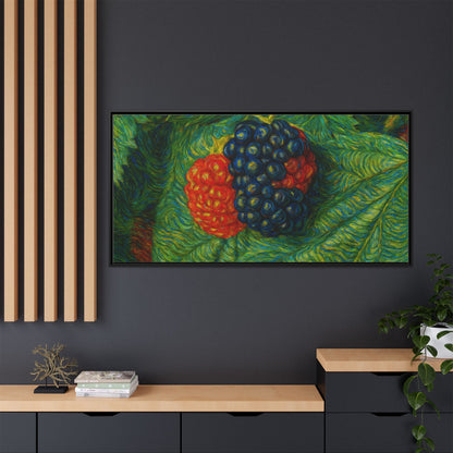 Framed canvas print of a blackberry still life artwork by Printify, featuring detailed blackberries on a natural background.