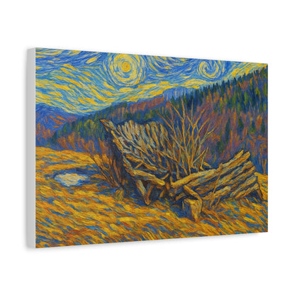 Impressionist Starry Landscape canvas print by Printify, featuring a vibrant night sky with stars and scenic landscape.