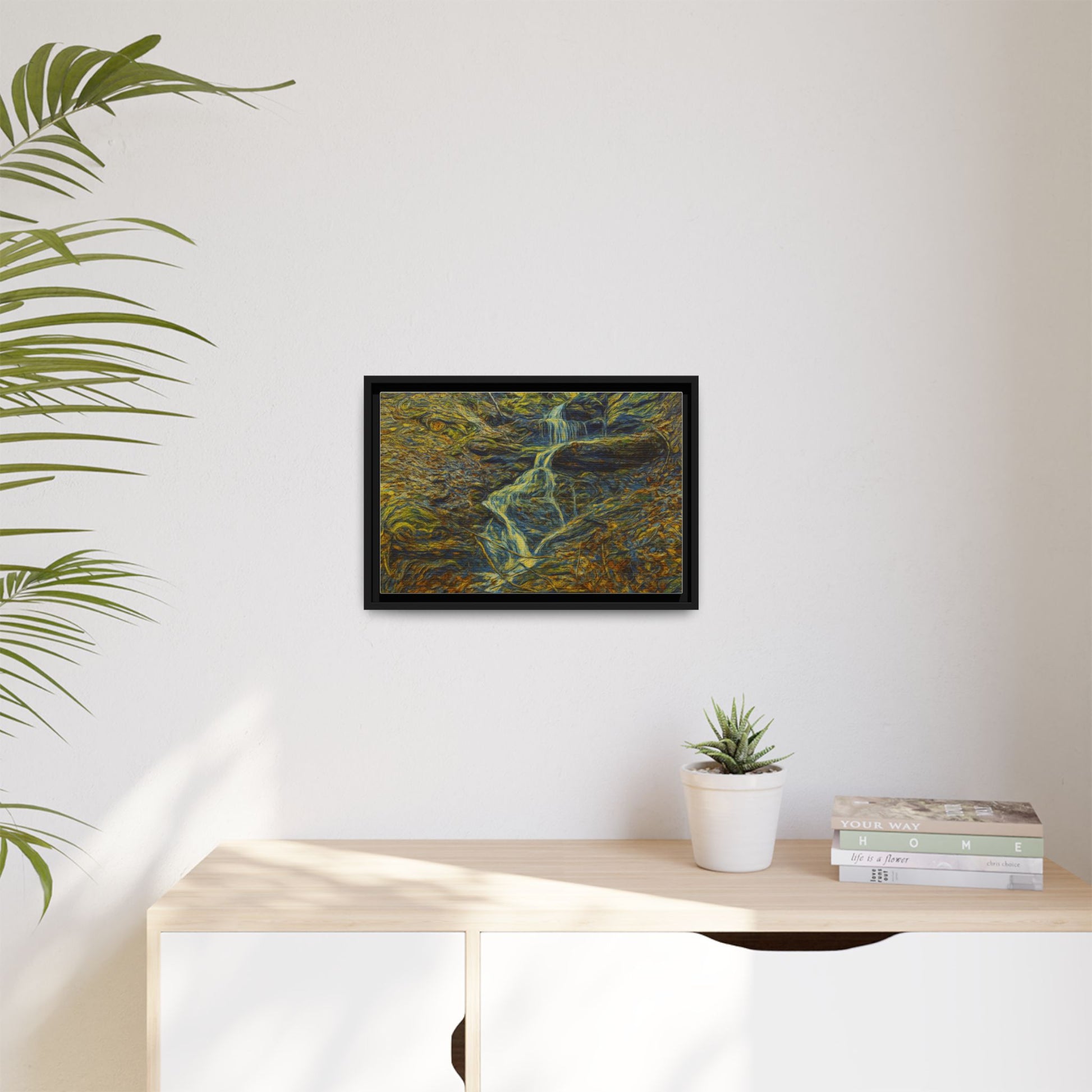 Framed matte canvas wall art of an autumn forest with a waterfall, featuring vibrant fall colors and natural scenery.