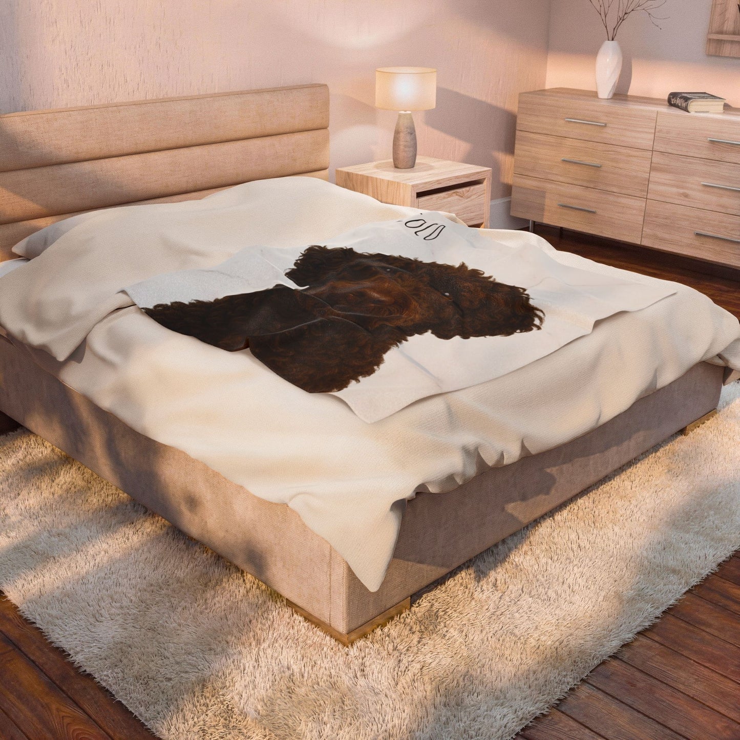 Custom brown Labradoodle portrait blanket with velveteen plush fabric featuring all-over print design by Printify.