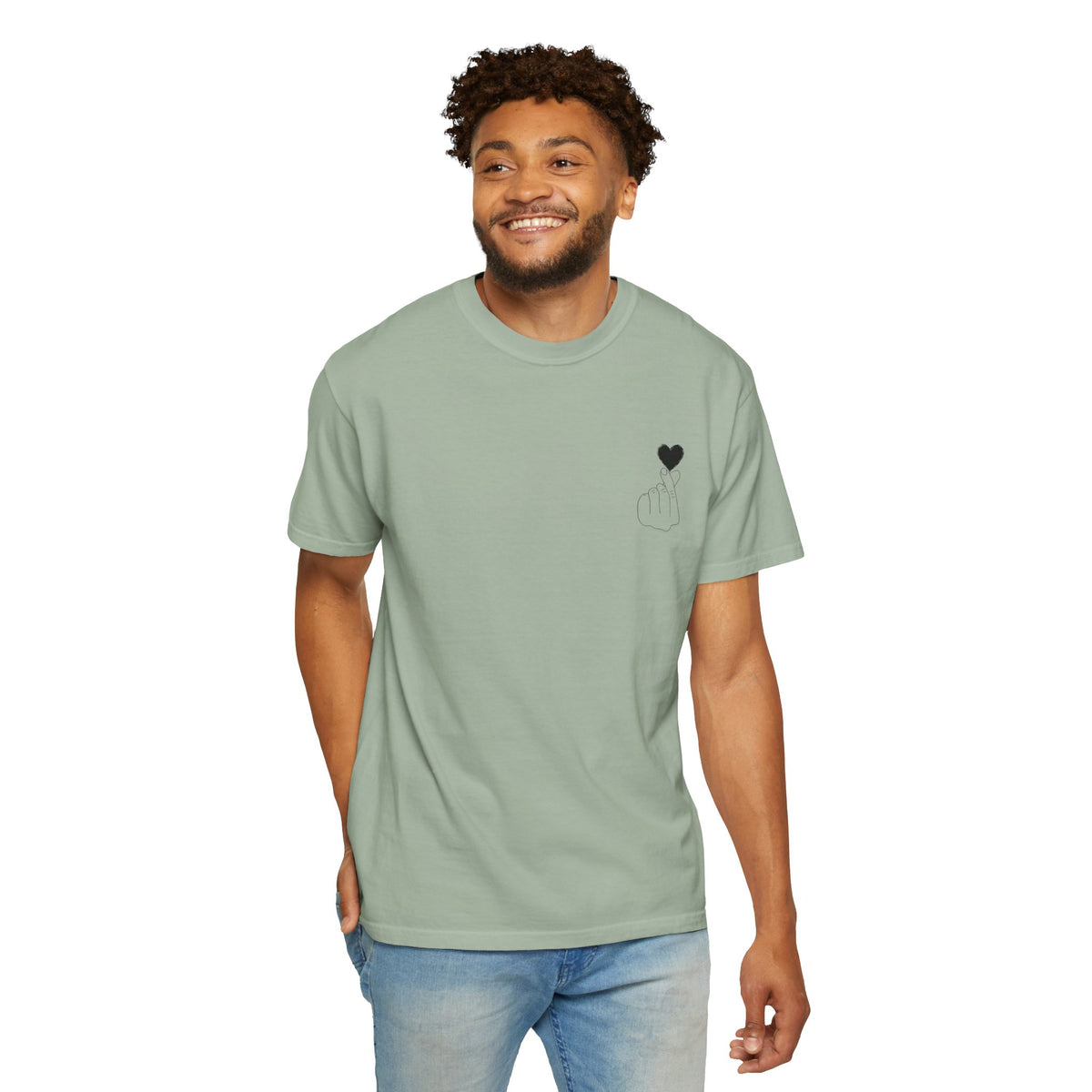 Black T-shirt with a minimal white finger heart graphic, made by Printify, showcasing a simple and stylish design.