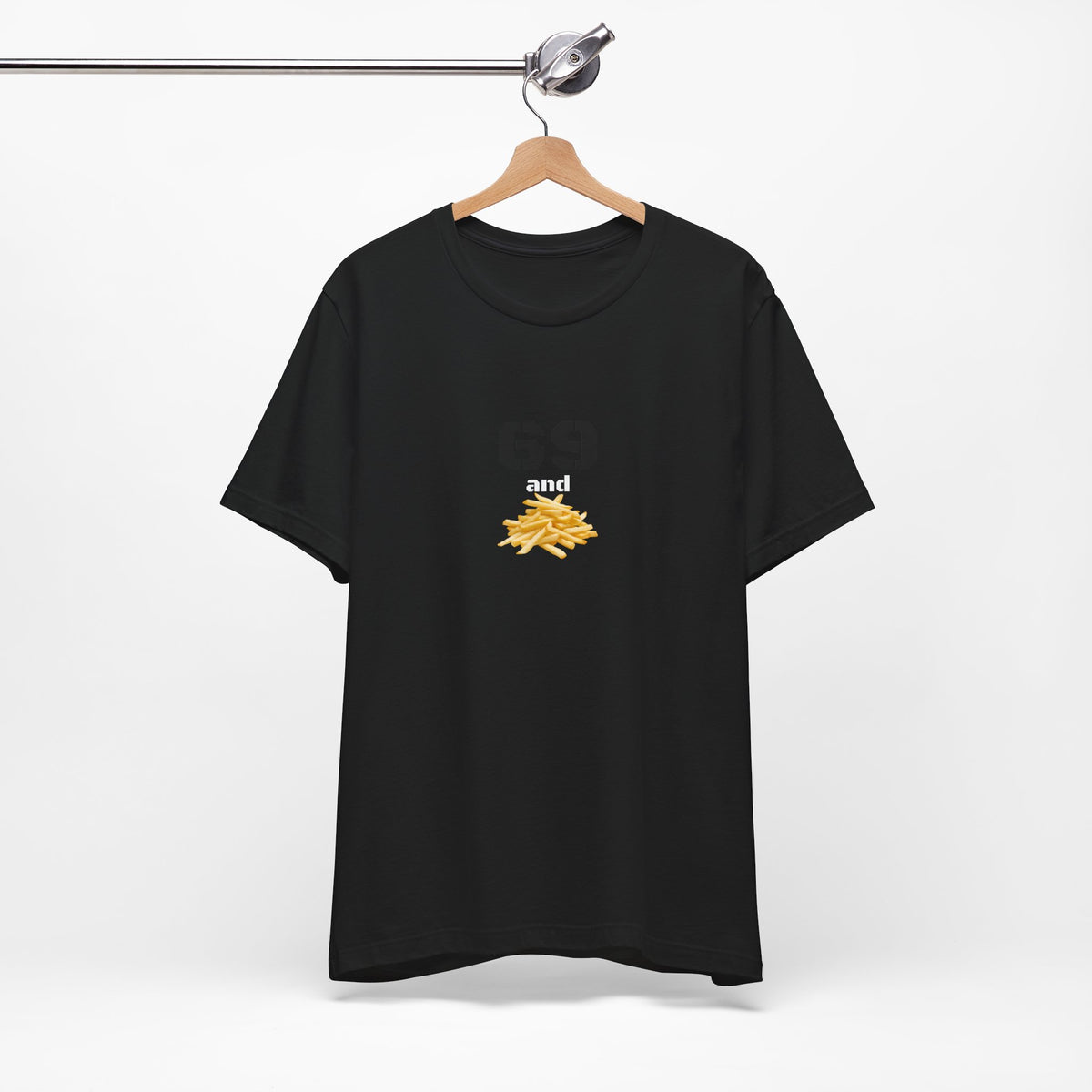 Unisex graphic T-shirt featuring a humorous 69 and French fries design in bold print, casual style, from Printify.