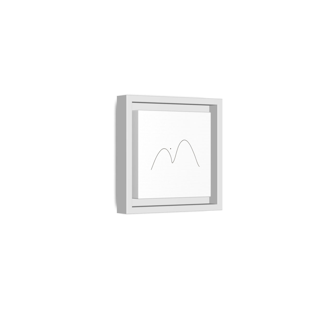 Minimalist mountain line art framed matte canvas by Printify featuring a simple mountain landscape in black ink on a white background.