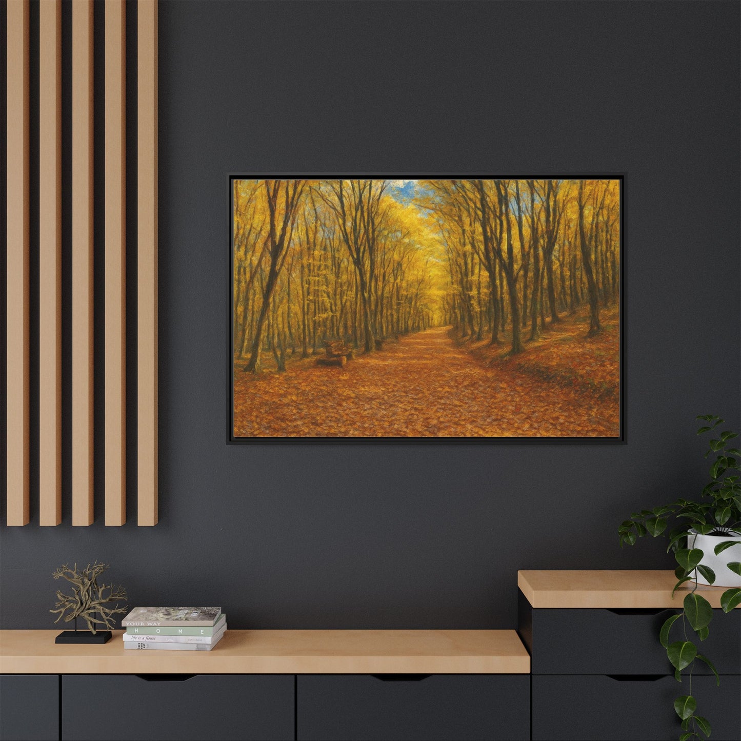 Printify autumn forest path matte canvas wall art featuring a tranquil forest scene with trees and a walking trail.