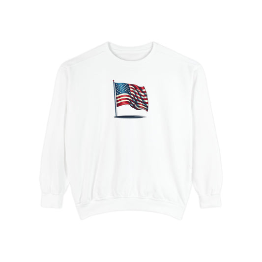 Patriotic Unisex Garment-Dyed Sweatshirt with Vintage American Flag, Cozy Fall Outfit, Statement Sweater, Gift for Veterans, Casual Fashion - TRV