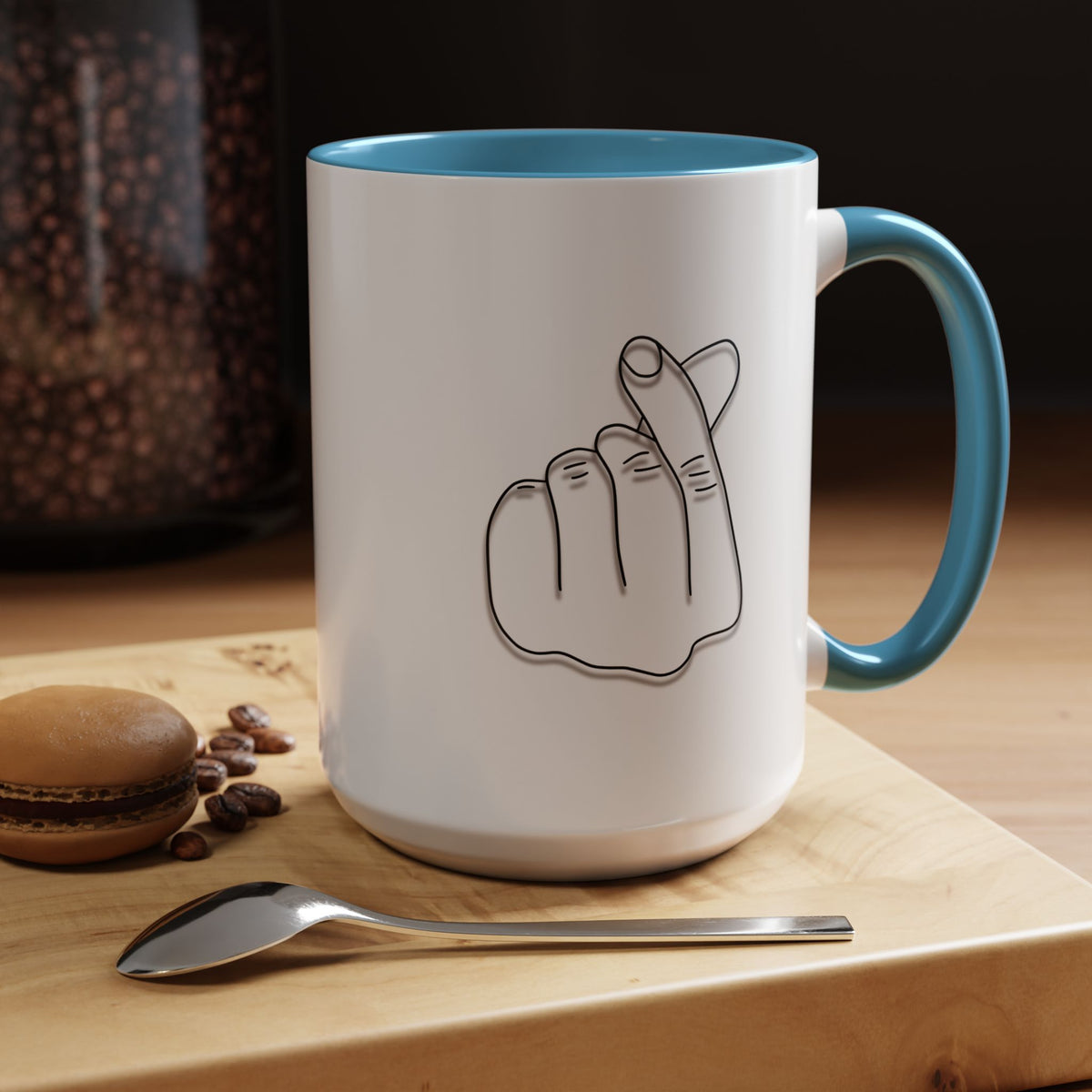 Minimal Korean finger heart accent coffee mug by Printify, 11oz or 15oz, featuring simple finger heart design on white ceramic mug.
