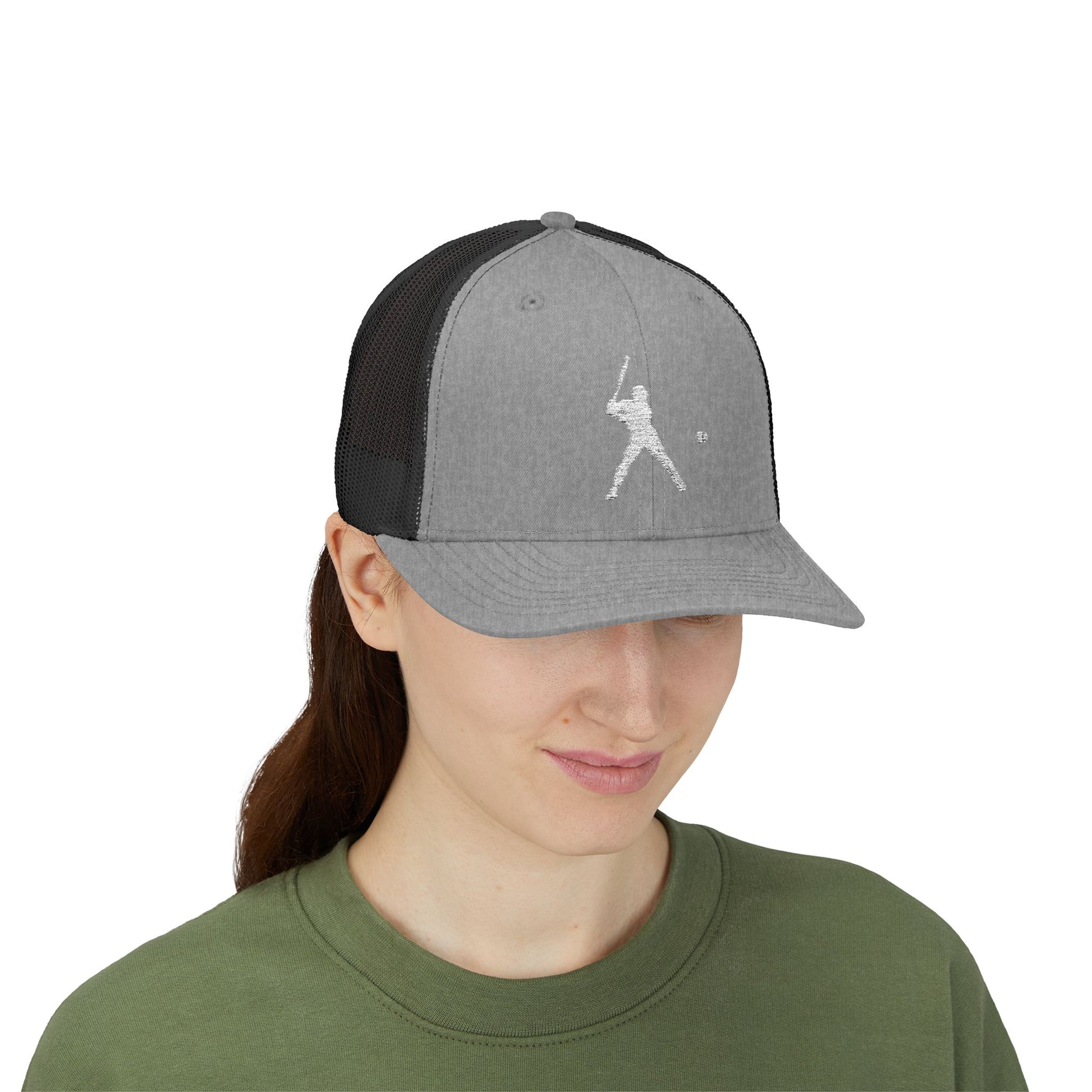 Vintage batter silhouette baseball snapback trucker cap by Printify, featuring classic design and adjustable mesh back.
