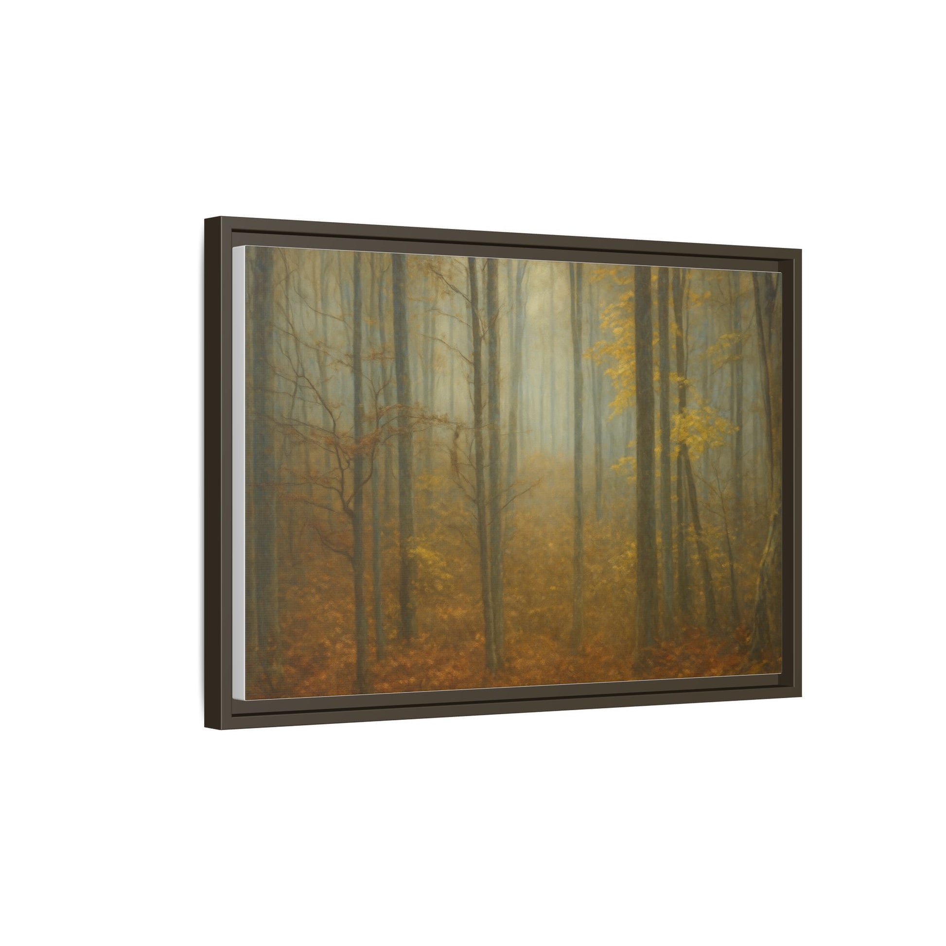 Framed matte canvas wall art of a misty autumn forest, featuring warm tones and detailed landscape design by Printify.