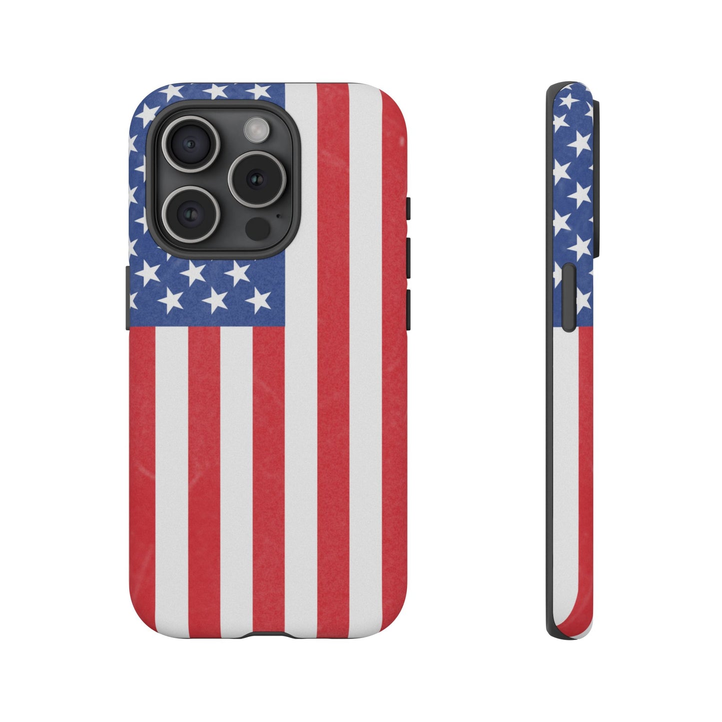 Patriotic American flag tough phone case for iPhone and Samsung, durable protective cover with bold flag design.