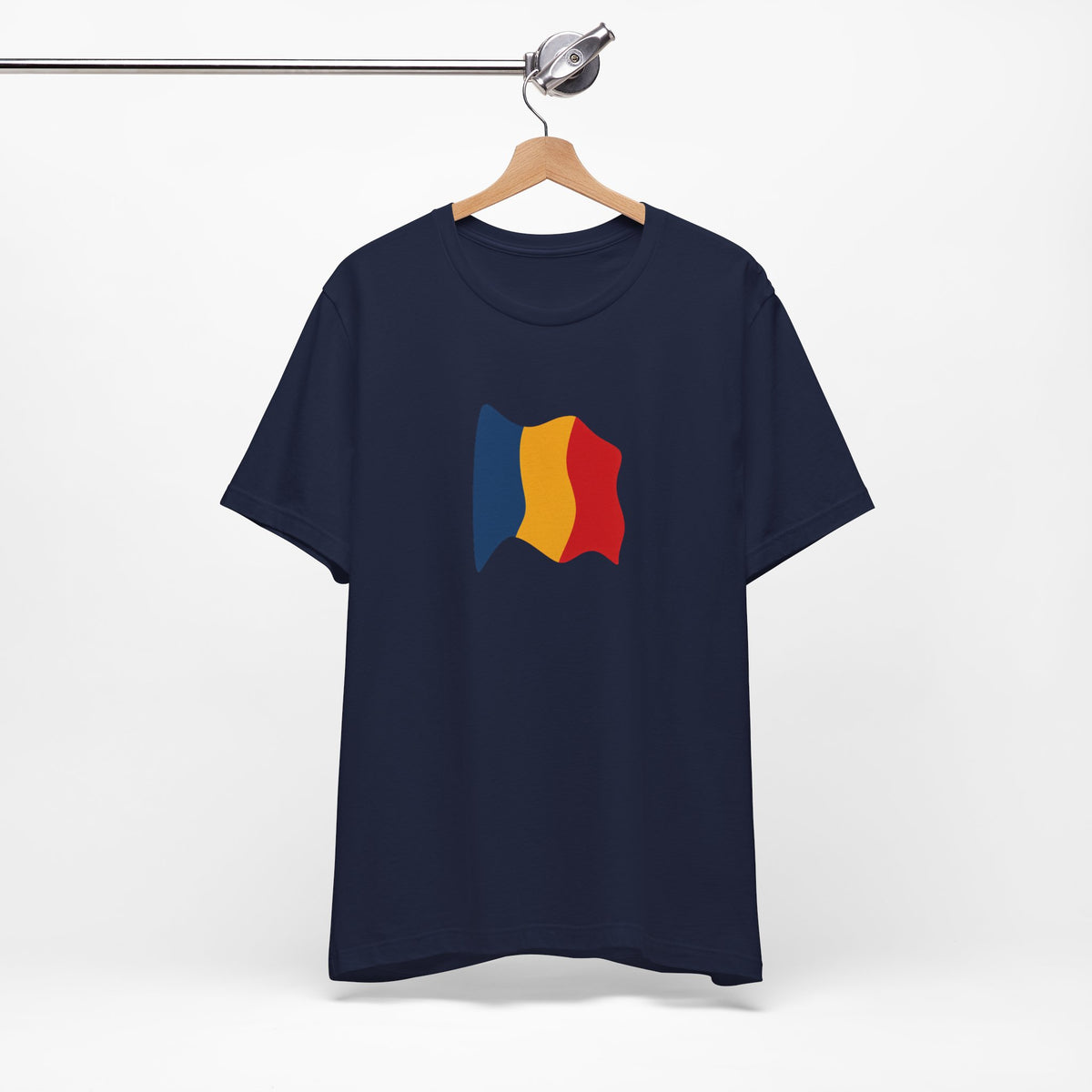 Romania flag T-shirt by Printify featuring a minimal waving tricolor design on a casual cotton tee.