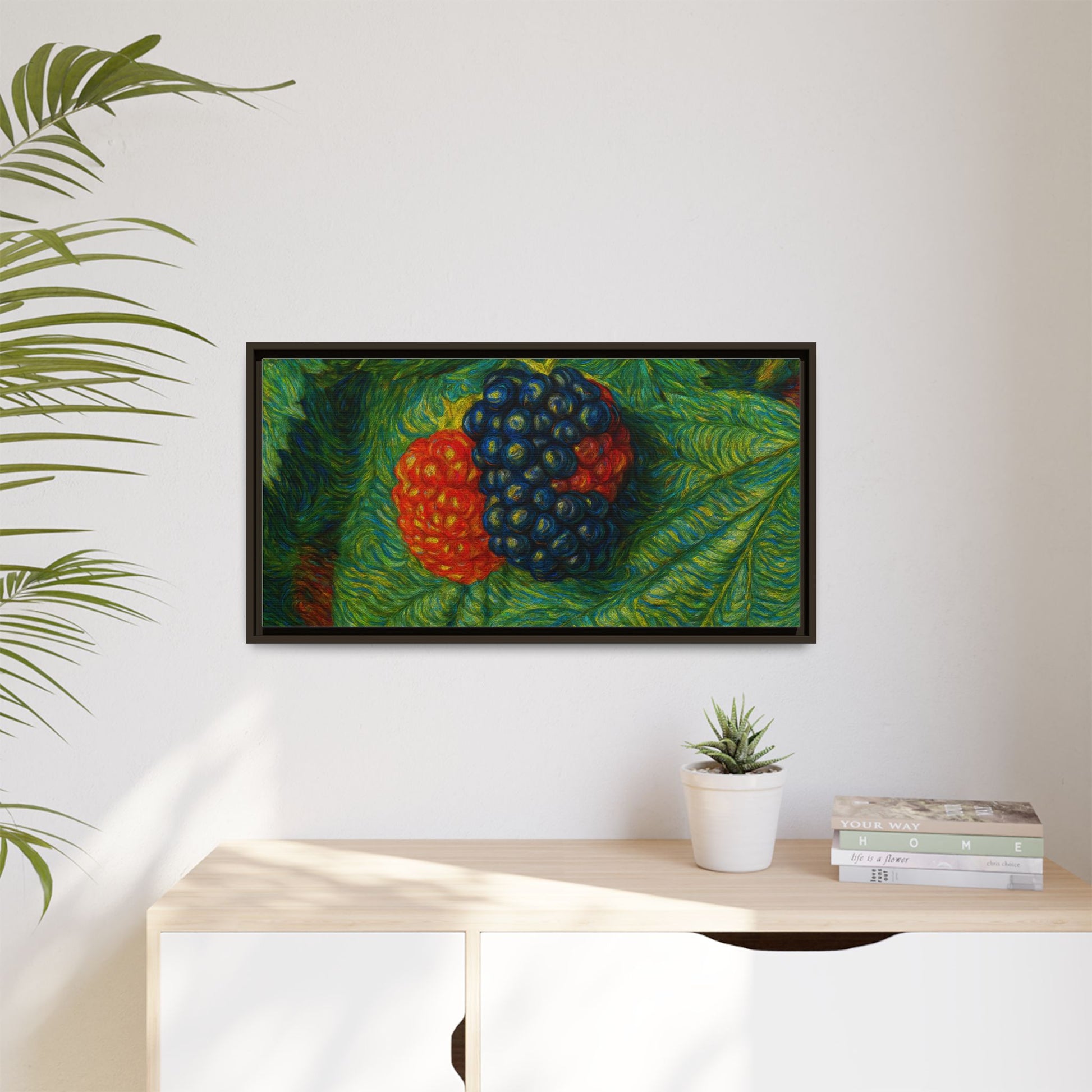 Blackberry still life canvas print by Printify, featuring a framed botanical artwork with ripe blackberries on a natural background.