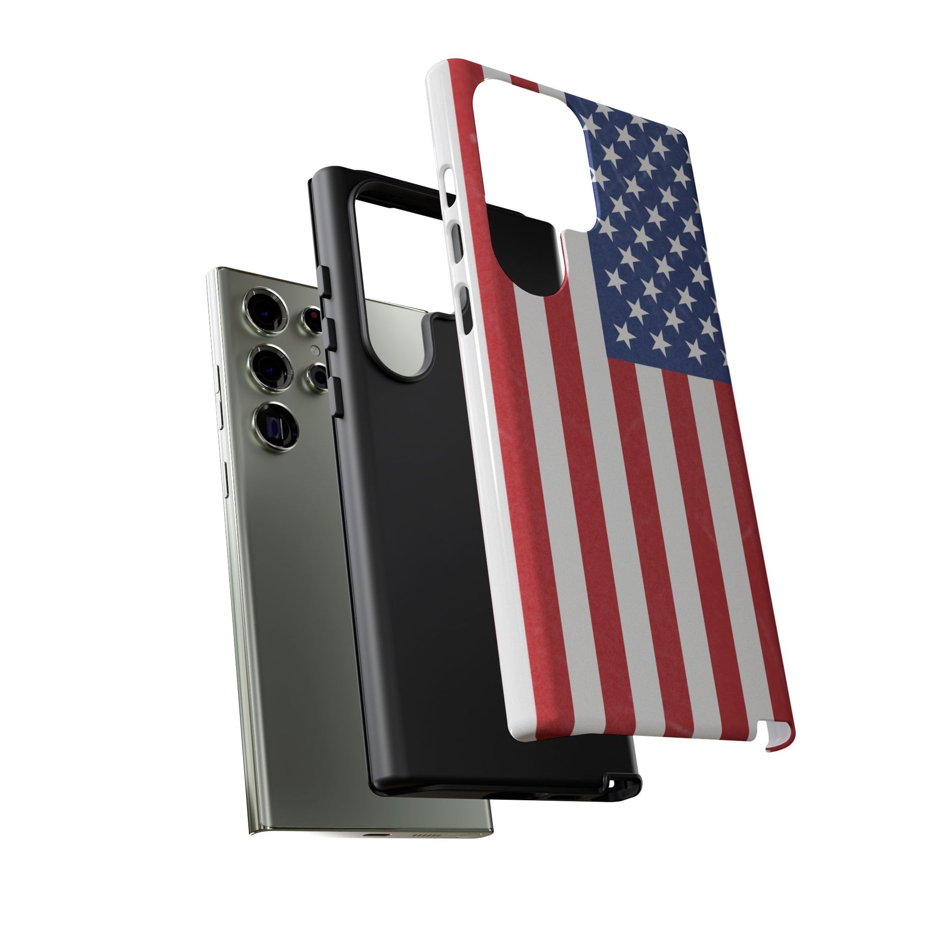 American flag tough phone case for iPhone, durable patriotic print, protective cover with bold red, white, and blue flag design.