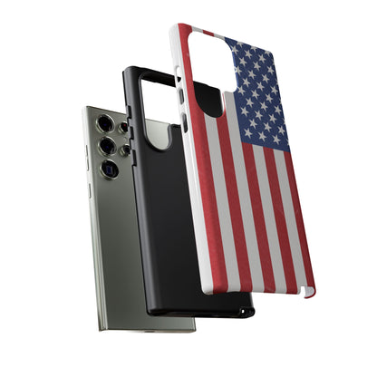 American flag tough phone case for iPhone, durable patriotic print, protective cover with bold red, white, and blue flag design.