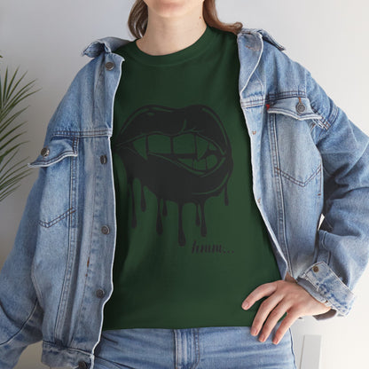 Black graphic T-shirt by Printify featuring dripping lips and 'hmm...' bite design, with bold print on the front.