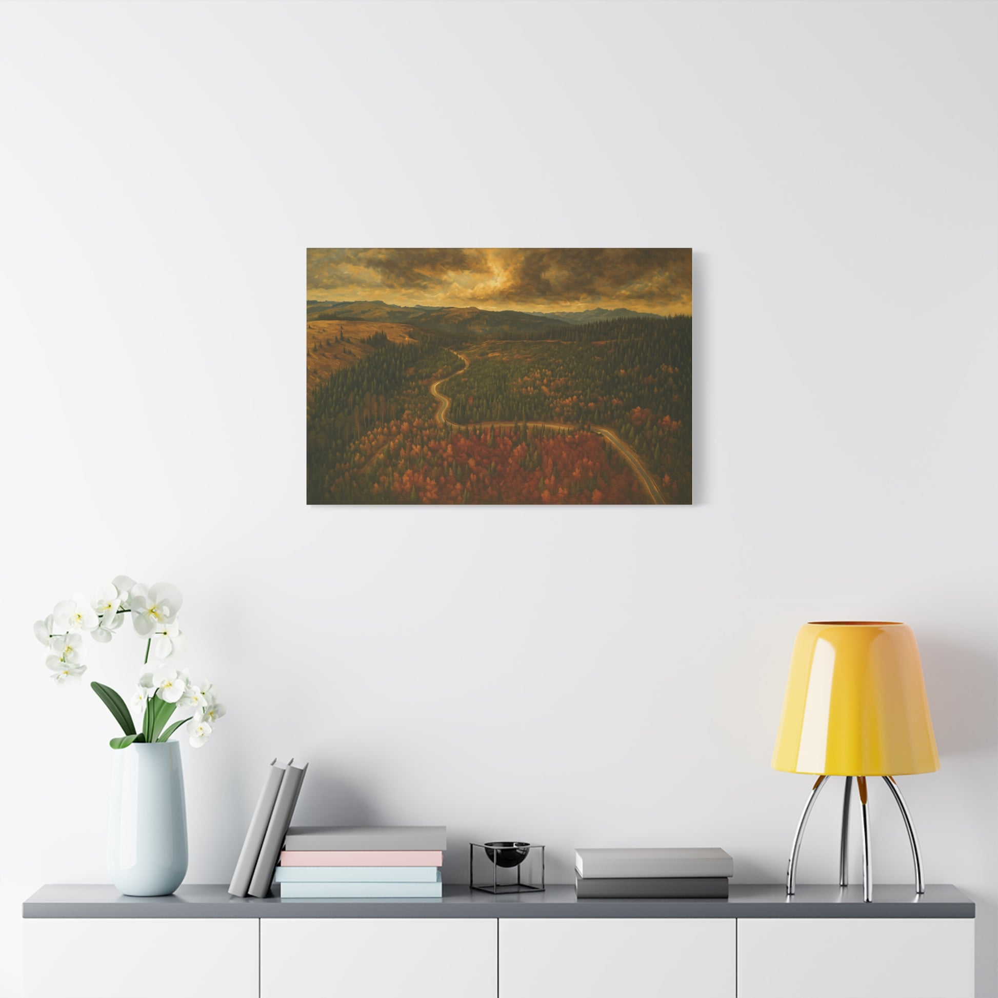 Moody forest landscape on stretched canvas wall art, Autumn Ridge Road Matte by Printify, featuring a serene wooded scene.
