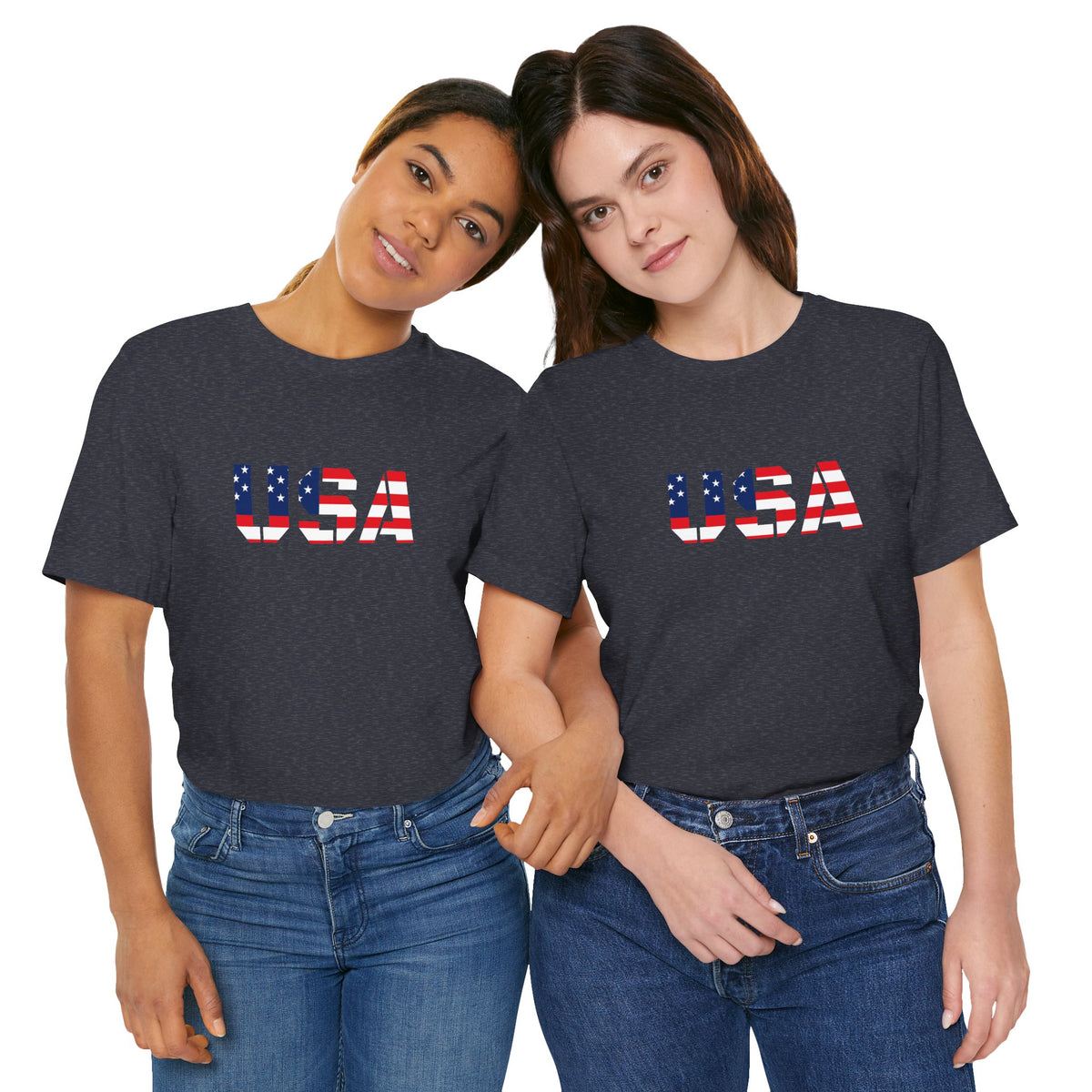 USA flag text T-shirt by Printify featuring patriotic design for Fourth of July celebrations.