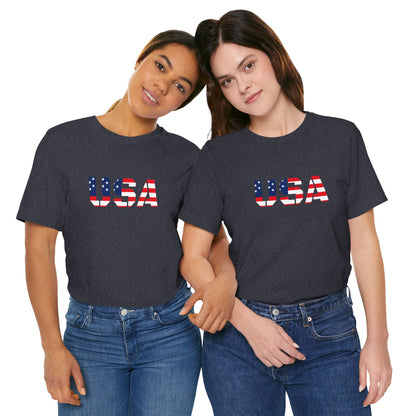 USA flag text T-shirt by Printify featuring patriotic design for Fourth of July celebrations.