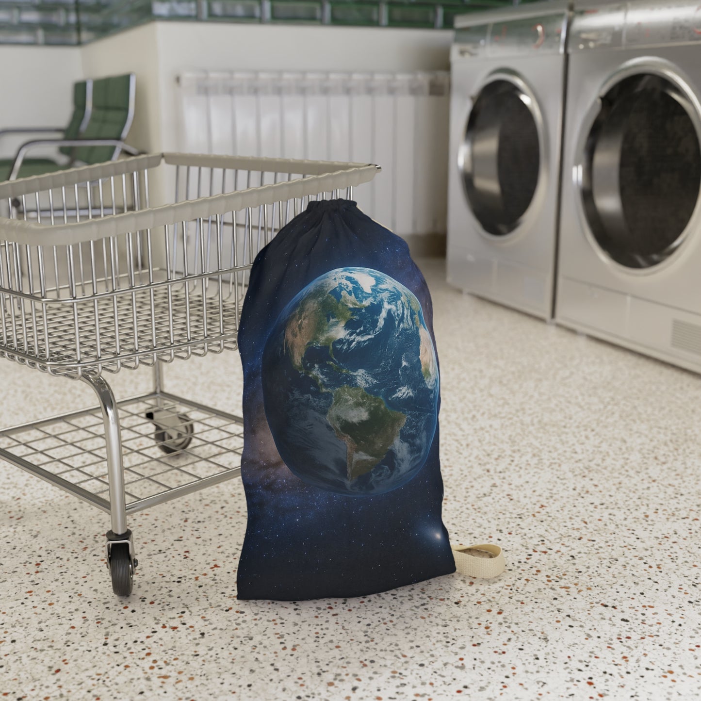Earth globe laundry bag with planet space print, drawstring canvas pouch for laundry storage and travel use.